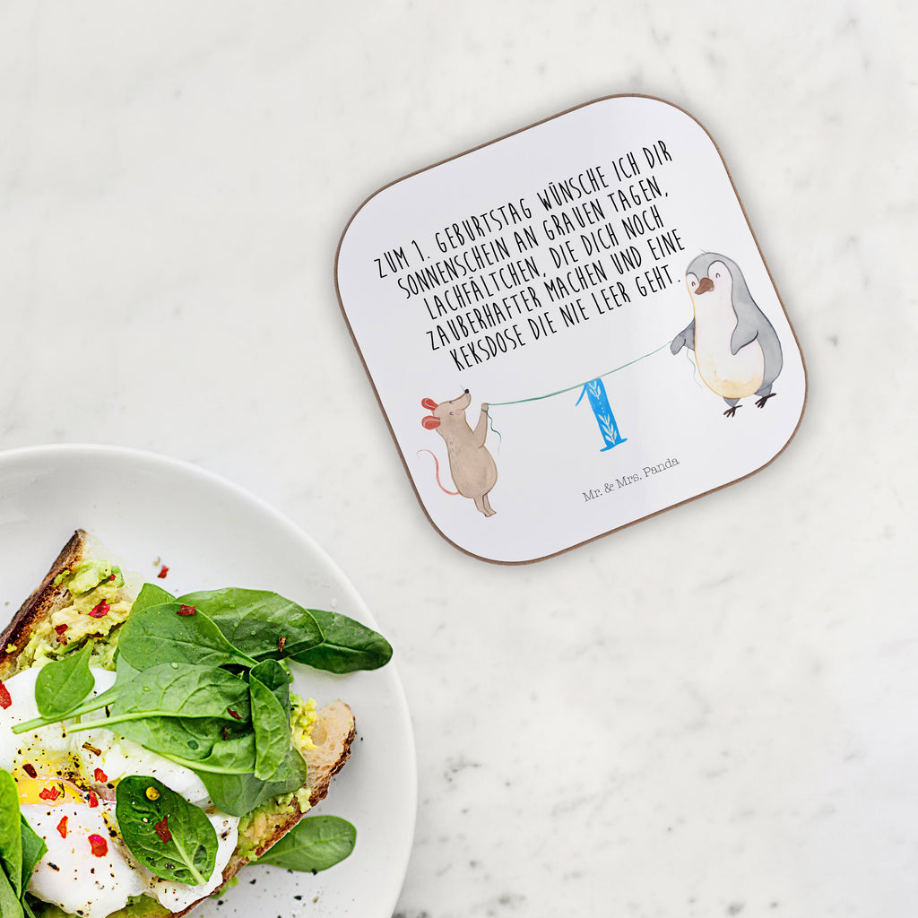 Quadratische Untersetzer 1. Geburtstag Maus Pinguin Bierdeckel, Glasuntersetzer, Untersetzer Gläser, Getränkeuntersetzer, Geburtstag, Geburtstagsgeschenk, Geschenk, Party, Feiern, Torte, Kuchen