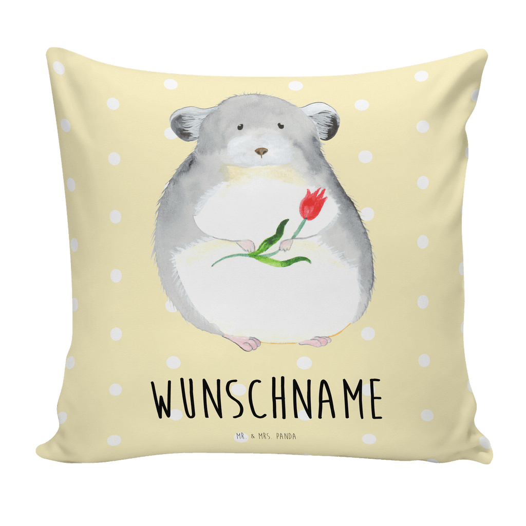 Personalisiertes Kissen Chinchilla mit Blume Kissen, personalisiert, Name, Wunschname, bedrucken, Kopfkissen, Tiermotive, Gute Laune, lustige Sprüche, Tiere, Chinchilla, Chinchillas, Liebeskummer, Kummer, Depressionen, traurig sein, Chaos, Glücklichsein, Büro, Büroalltag