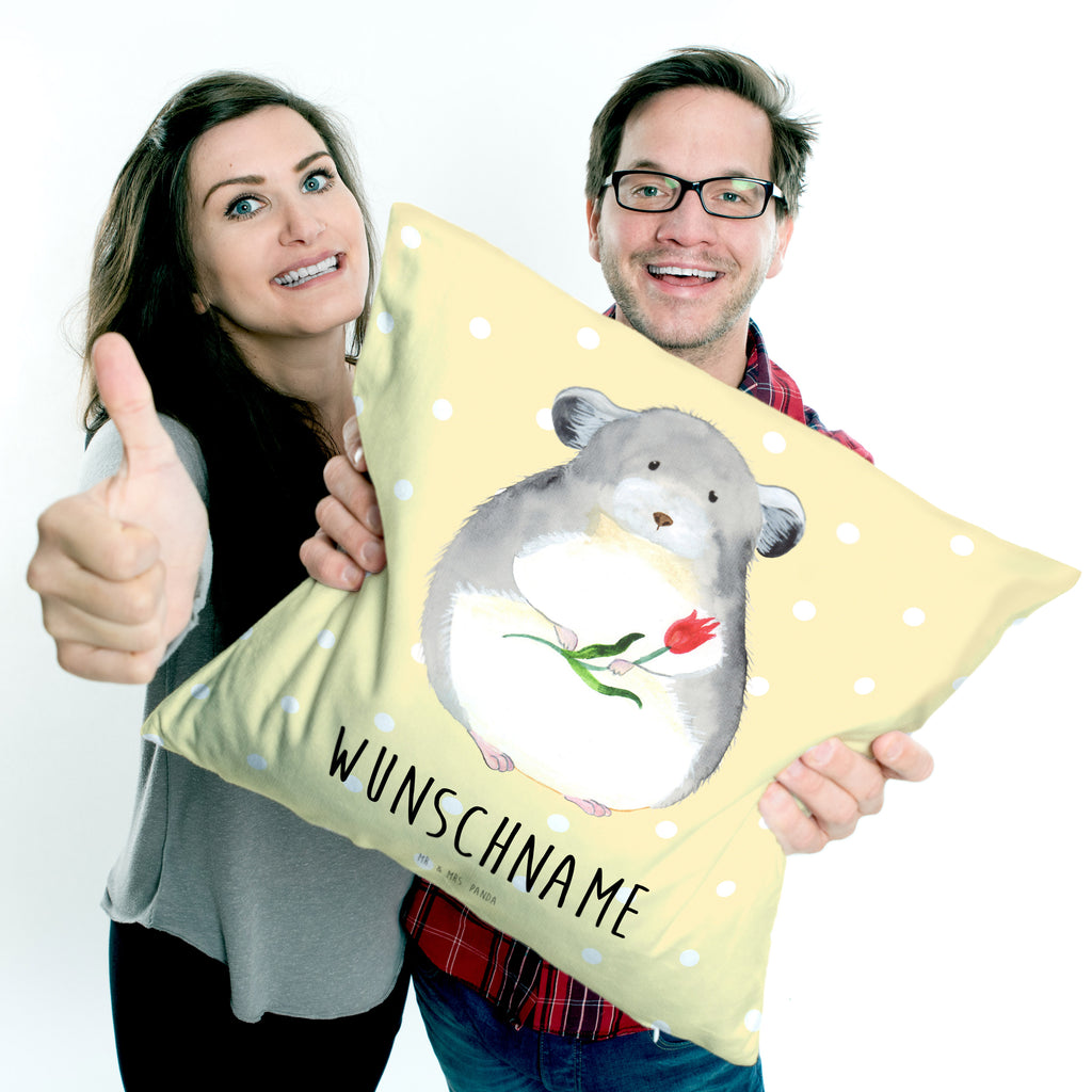 Personalisiertes Kissen Chinchilla mit Blume Kissen, personalisiert, Name, Wunschname, bedrucken, Kopfkissen, Tiermotive, Gute Laune, lustige Sprüche, Tiere, Chinchilla, Chinchillas, Liebeskummer, Kummer, Depressionen, traurig sein, Chaos, Glücklichsein, Büro, Büroalltag