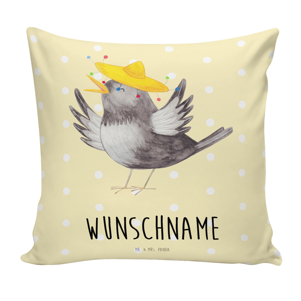 Personalisiertes Kissen Rabe mit Sombrero Kissen, personalisiert, Name, Wunschname, bedrucken, Kopfkissen, Tiermotive, Gute Laune, lustige Sprüche, Tiere, Rabe, Vogel, Vögel, Spruch positiv, fröhlich sein, glücklich sein, Glück Spruch, froh, Elster, Motivation