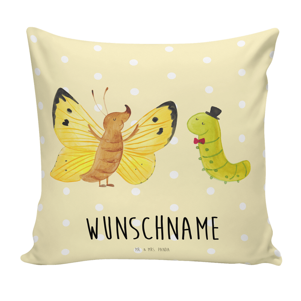 Personalisiertes Kissen Raupe & Schmetterling Kissen, personalisiert, Name, Wunschname, bedrucken, Kopfkissen, Tiermotive, Gute Laune, lustige Sprüche, Tiere, Raupe, Schmetterling, Zitronenfalter, Entwicklung, Erwachsen werden, Kokon, Hut, Hütchen, Schönheit, Aufwachsen
