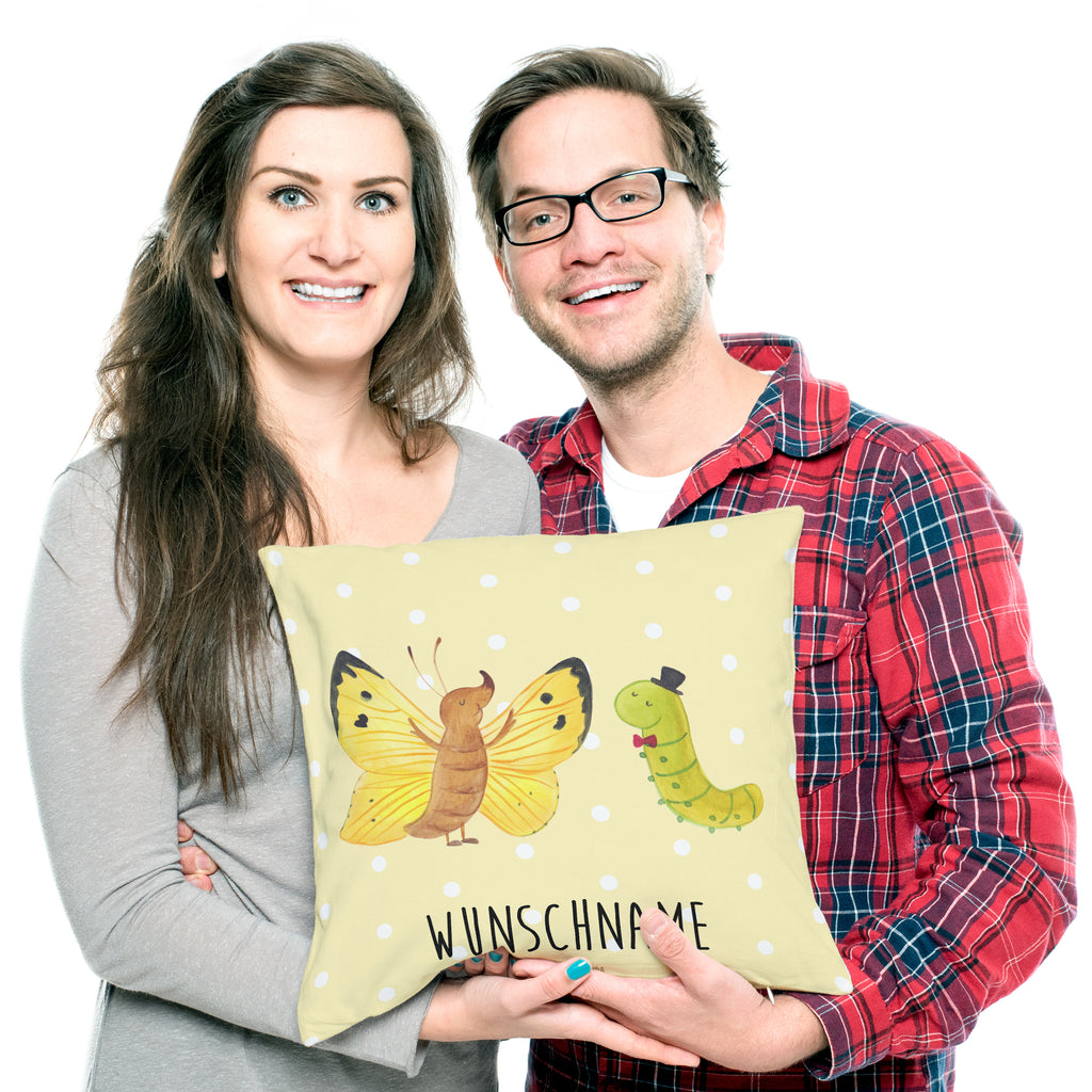 Personalisiertes Kissen Raupe & Schmetterling Kissen, personalisiert, Name, Wunschname, bedrucken, Kopfkissen, Tiermotive, Gute Laune, lustige Sprüche, Tiere, Raupe, Schmetterling, Zitronenfalter, Entwicklung, Erwachsen werden, Kokon, Hut, Hütchen, Schönheit, Aufwachsen