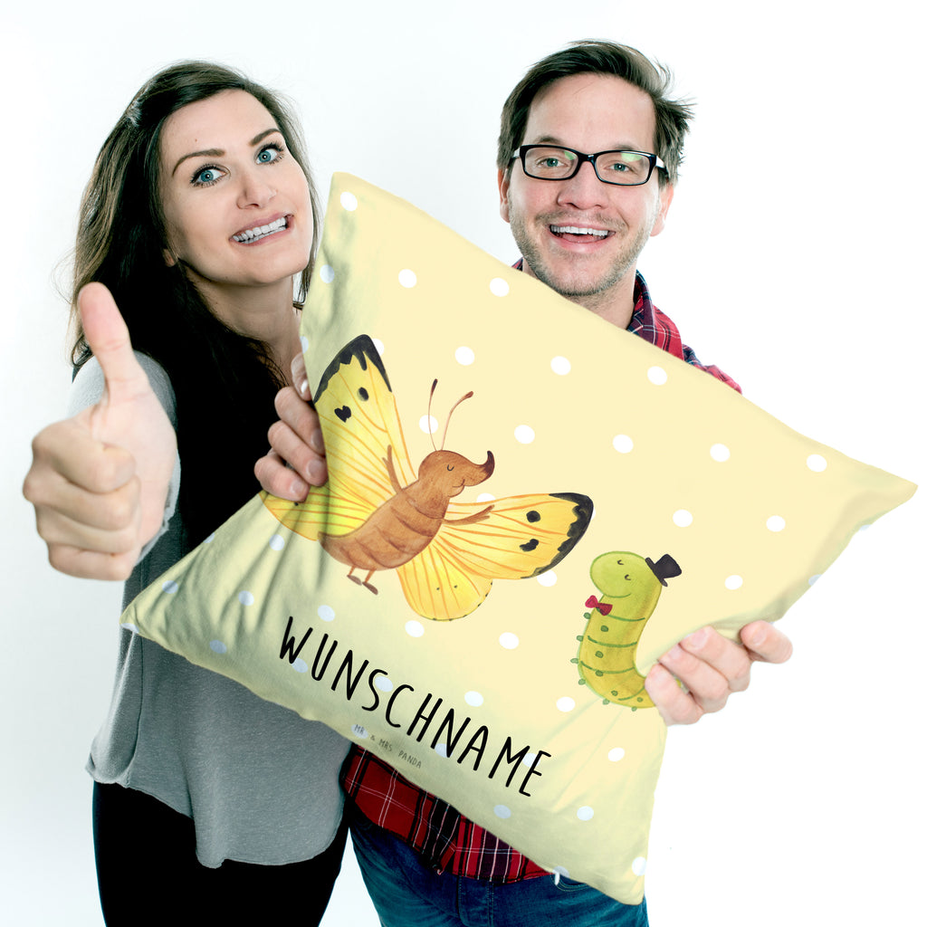 Personalisiertes Kissen Raupe & Schmetterling Kissen, personalisiert, Name, Wunschname, bedrucken, Kopfkissen, Tiermotive, Gute Laune, lustige Sprüche, Tiere, Raupe, Schmetterling, Zitronenfalter, Entwicklung, Erwachsen werden, Kokon, Hut, Hütchen, Schönheit, Aufwachsen
