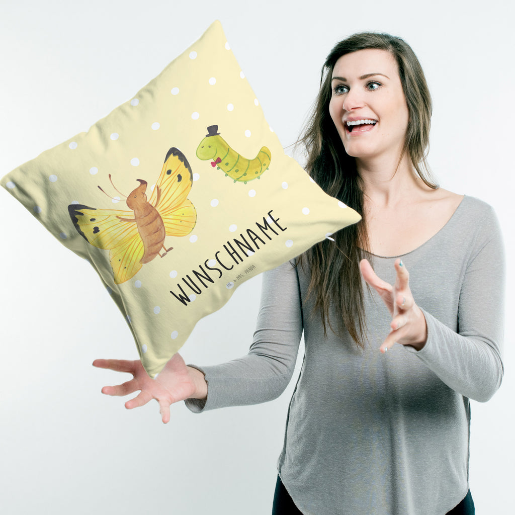 Personalisiertes Kissen Raupe & Schmetterling Kissen, personalisiert, Name, Wunschname, bedrucken, Kopfkissen, Tiermotive, Gute Laune, lustige Sprüche, Tiere, Raupe, Schmetterling, Zitronenfalter, Entwicklung, Erwachsen werden, Kokon, Hut, Hütchen, Schönheit, Aufwachsen