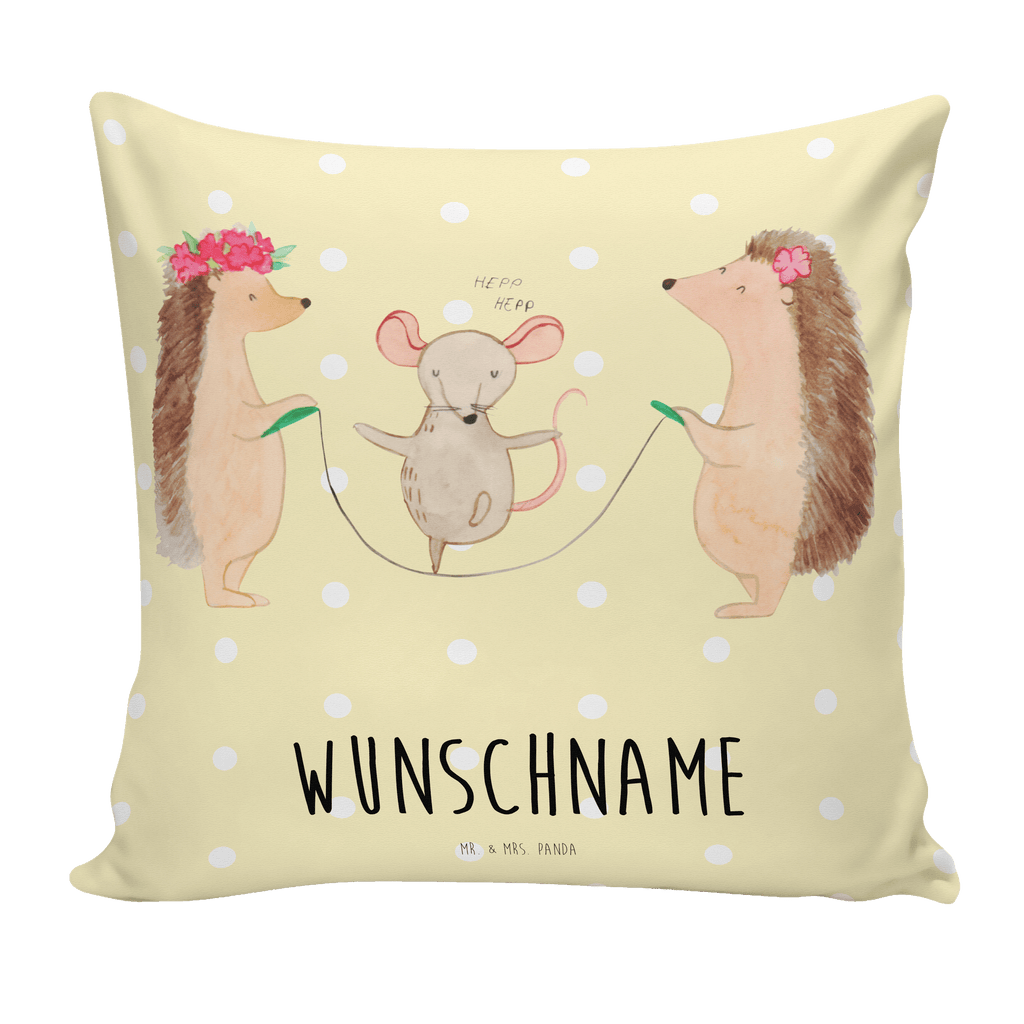 Personalisiertes Kissen Igel Seilhüpfen Kissen, personalisiert, Name, Wunschname, bedrucken, Kopfkissen, Tiermotive, Gute Laune, lustige Sprüche, Tiere, Igel, Maus, Seilspringen, Seilhüpfen, Kinder, Kindergarten