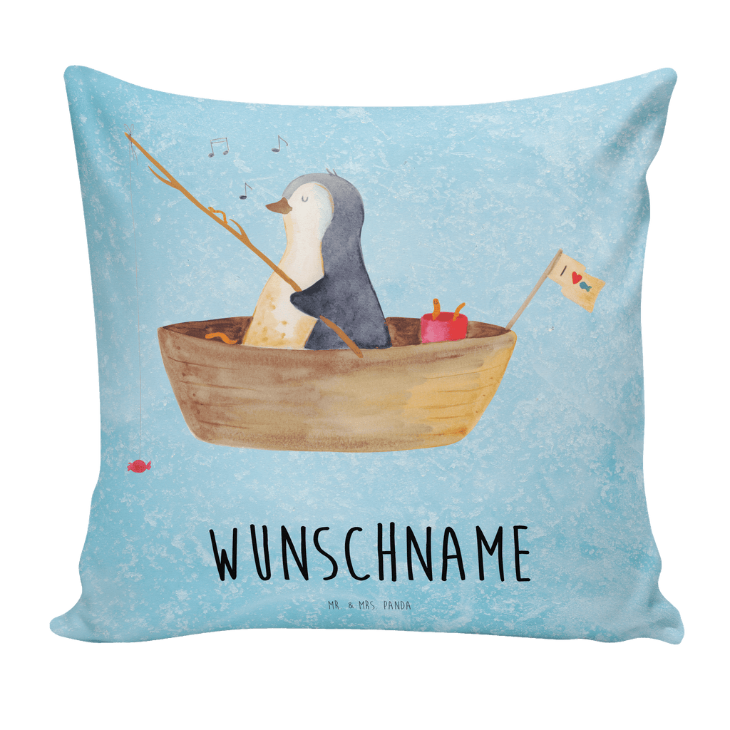 Personalisiertes Kissen Pinguin Angelboot Kissen, personalisiert, Name, Wunschname, bedrucken, Kopfkissen, Pinguin, Pinguine, Angeln, Boot, Angelboot, Lebenslust, Leben, genießen, Motivation, Neustart, Neuanfang, Trennung, Scheidung, Geschenkidee Liebeskummer