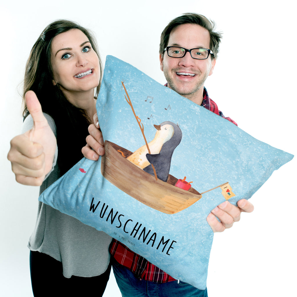 Personalisiertes Kissen Pinguin Angelboot Kissen, personalisiert, Name, Wunschname, bedrucken, Kopfkissen, Pinguin, Pinguine, Angeln, Boot, Angelboot, Lebenslust, Leben, genießen, Motivation, Neustart, Neuanfang, Trennung, Scheidung, Geschenkidee Liebeskummer