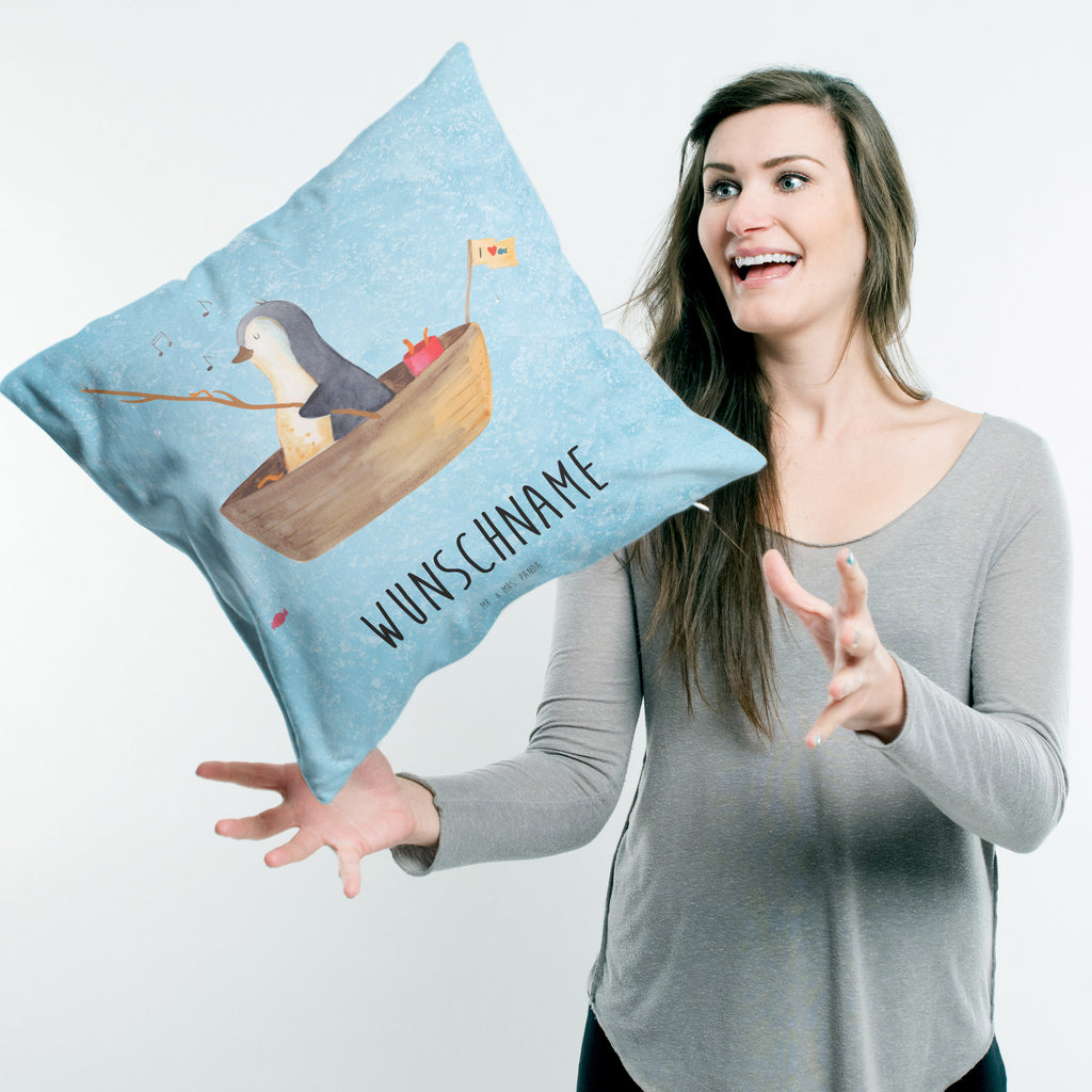 Personalisiertes Kissen Pinguin Angelboot Kissen, personalisiert, Name, Wunschname, bedrucken, Kopfkissen, Pinguin, Pinguine, Angeln, Boot, Angelboot, Lebenslust, Leben, genießen, Motivation, Neustart, Neuanfang, Trennung, Scheidung, Geschenkidee Liebeskummer