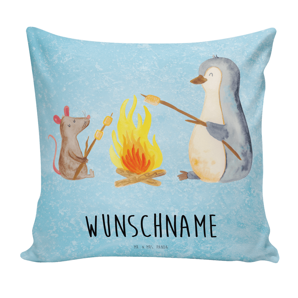 Personalisiertes Kissen Pinguin Lagerfeuer Kissen, personalisiert, Name, Wunschname, bedrucken, Kopfkissen, Pinguin, Maus, Pinguine, Lagerfeuer, Leben, Arbeit, Job, Motivation, Büro, Büroalltag, Lebensspruch, Lebensmotivation, Neustart, Liebe, grillen, Feuer, Marshmallows