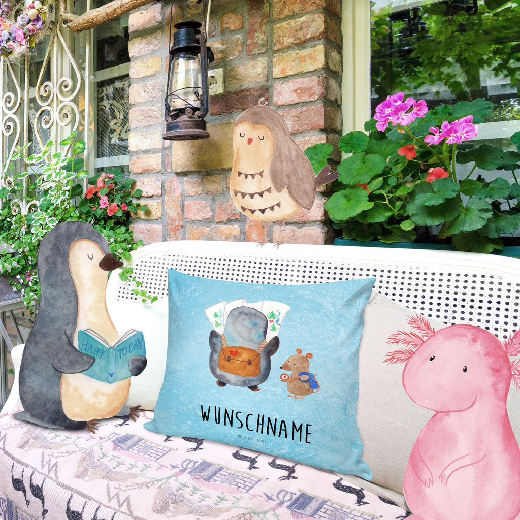 Personalisiertes Kissen Pinguin & Maus Wanderer Kissen, personalisiert, Name, Wunschname, bedrucken, Kopfkissen, Pinguin, Pinguine, Abenteurer, Abenteuer, Roadtrip, Ausflug, Wanderlust, wandern