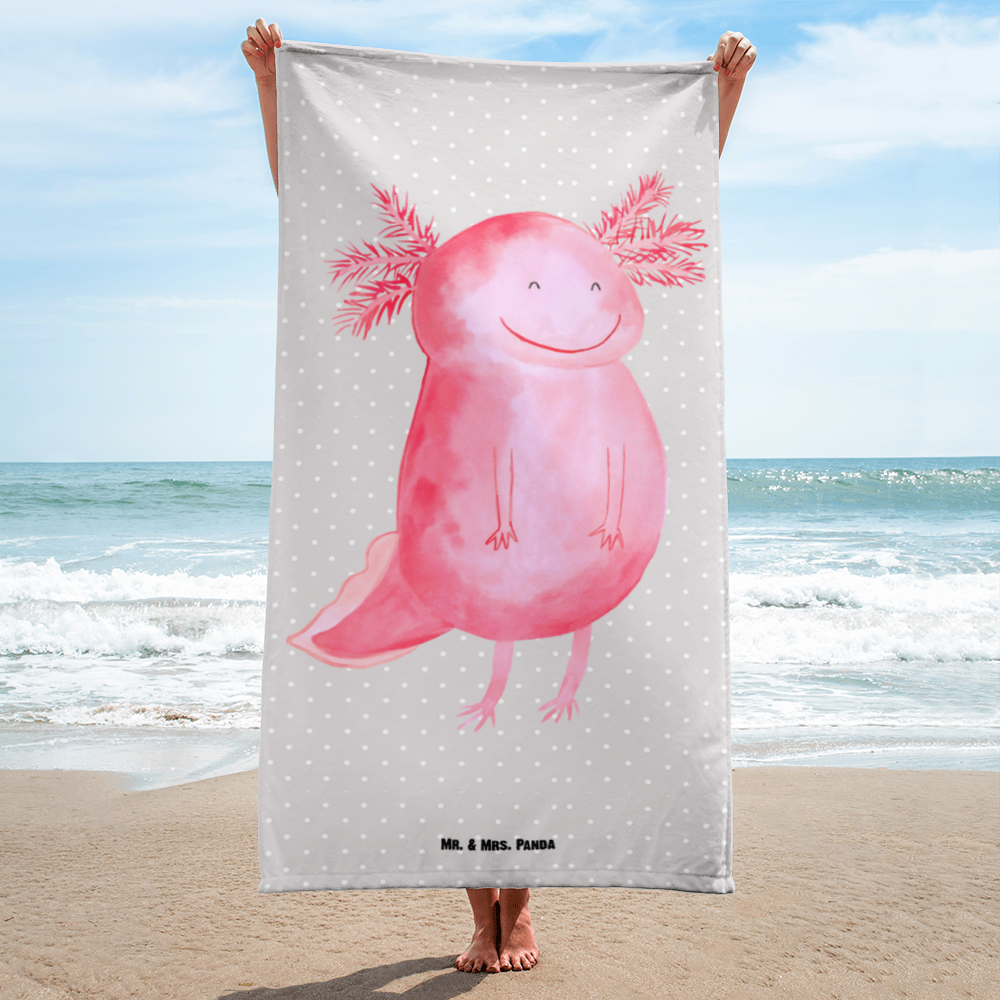 XL Badehandtuch Axolotl glücklich Handtuch, Badetuch, Duschtuch, Strandtuch, Saunatuch, Axolotl, Molch, Axolot, Schwanzlurch, Lurch, Lurche, Motivation, gute Laune
