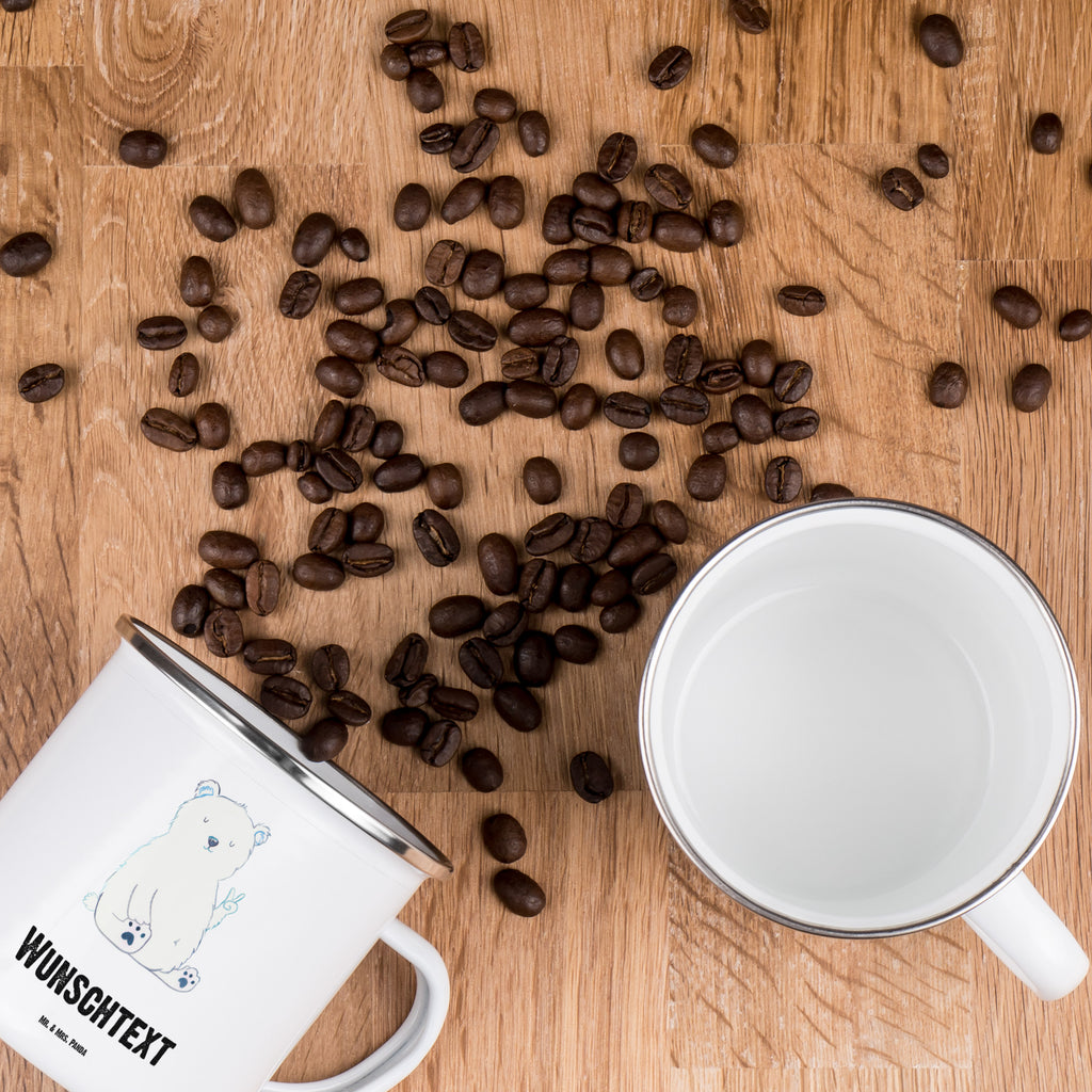 Personalisierte Emaille Tasse Eisbär Faul Emaille Tasse personalisiert, Emaille Tasse mit Namen, Campingtasse personalisiert, Namenstasse, Campingtasse bedrucken, Campinggeschirr personalsisert, Bär, Teddy, Teddybär, Eisbär, Nordpol, Faul, Entspannen, Relaxen, Büro, Arbeit, Bürojob, Arbeitsplatz, Homeoffice