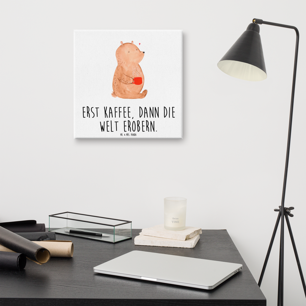 Leinwand Bild Bär Kaffee Leinwand, Bild, Kunstdruck, Wanddeko, Dekoration, Bär, Teddy, Teddybär, Kaffee, Coffee, Bären, guten Morgen, Morgenroutine, Welt erobern, Welt retten, Motivation