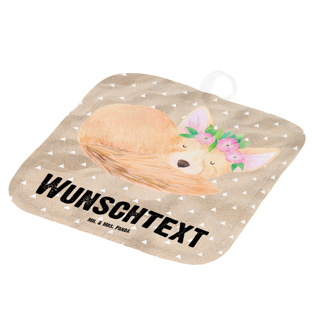 Personalisierte Topflappen Wüstenfuchs Blumenkranz Topflappen personalisiert, Personalisierte Topfuntersetzer, Personalisierter Ofenhandschuh, Topflappen Set personalisiert, Topflappen mit Namen, Namensaufdruck, Afrika, Wildtiere, Wüste, Wüstenfuchs, Blumen, Blumenkranz, Glücklich