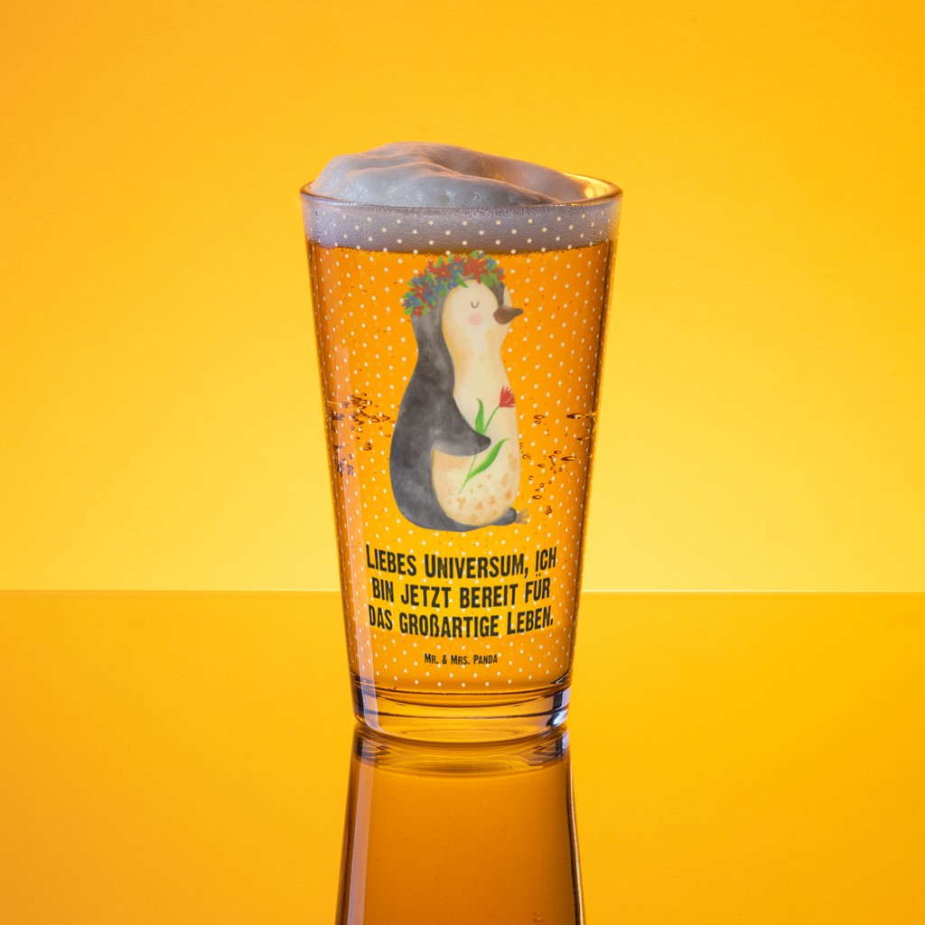 Premium Trinkglas Pinguin Blumenkranz Trinkglas, Glas, Pint Glas, Bierglas, Cocktail Glas, Wasserglas, Pinguin, Pinguine, Blumenkranz, Universum, Leben, Wünsche, Ziele, Lebensziele, Motivation, Lebenslust, Liebeskummer, Geschenkidee