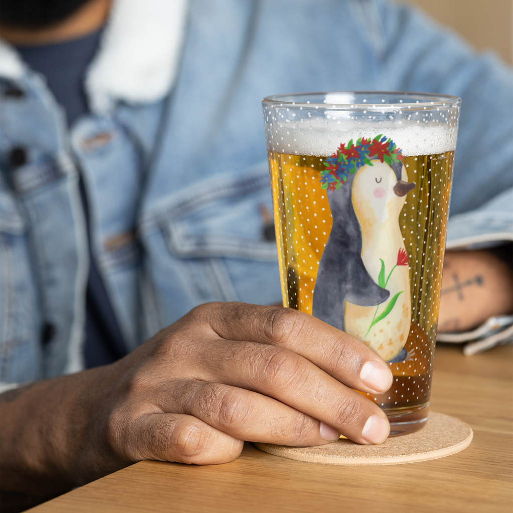 Premium Trinkglas Pinguin Blumenkranz Trinkglas, Glas, Pint Glas, Bierglas, Cocktail Glas, Wasserglas, Pinguin, Pinguine, Blumenkranz, Universum, Leben, Wünsche, Ziele, Lebensziele, Motivation, Lebenslust, Liebeskummer, Geschenkidee