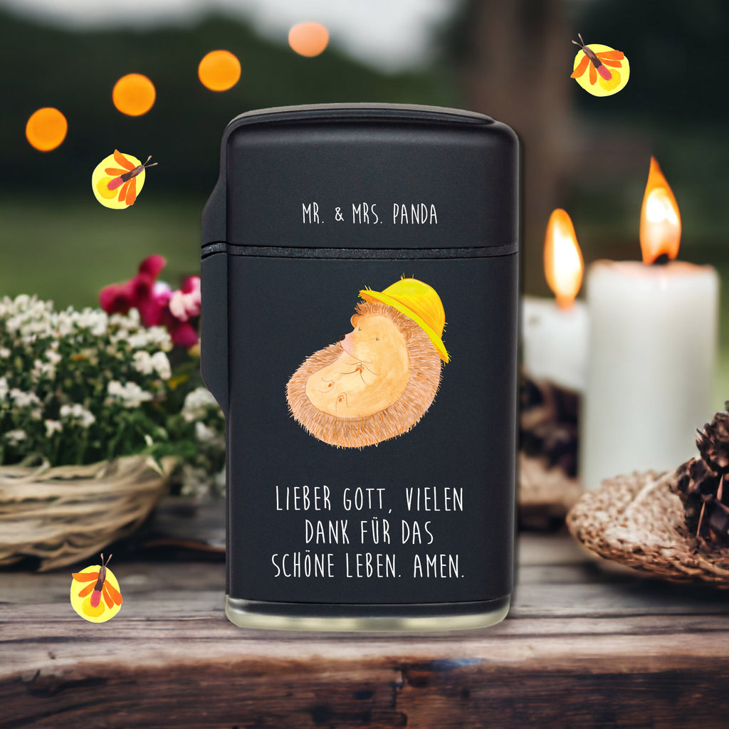 Feuerzeug Igel betet Tiermotive, Gute Laune, lustige Sprüche, Tiere, Igel, Igel mit Hut, Sonnenhut, Gott, Amen, beten, Leben, Dankbarkeit, Dankbar sein, dankbar, genießen