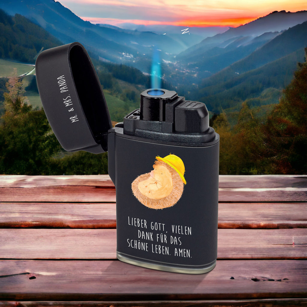 Feuerzeug Igel betet Tiermotive, Gute Laune, lustige Sprüche, Tiere, Igel, Igel mit Hut, Sonnenhut, Gott, Amen, beten, Leben, Dankbarkeit, Dankbar sein, dankbar, genießen