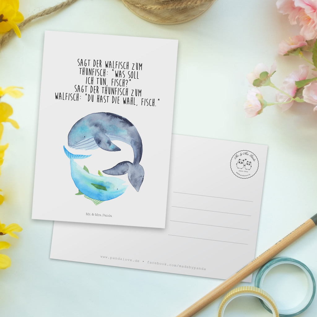 Postkarte Walfisch & Thunfisch Geschenkkarte, Grußkarte, Karte, Einladung, Ansichtskarte, Geburtstagskarte, Einladungskarte, Dankeskarte, Tiermotive, Gute Laune, lustige Sprüche, Tiere, Wal, Wahl, Tunfisch, Wortwitz lustig, Spruch lustig, Flachwitz, Witz, Spruch des Tages, Flachwitz Geschenk