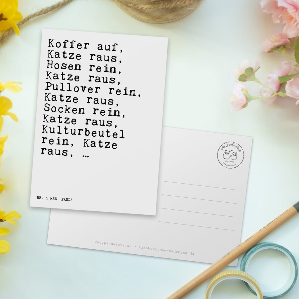 Postkarte Sprüche und Zitate Koffer auf, Katze raus, Hosen rein, Katze raus, Pullover rein, Katze raus, Socken rein, Katze raus, Kulturbeutel rein, Katze raus, … Geschenkkarte, Grußkarte, Karte, Einladung, Ansichtskarte, Geburtstagskarte, Einladungskarte, Dankeskarte, Spruch, Sprüche, lustig, Weisheiten, Zitate, Spruch Sprüche Weisheiten Zitate Lustig Weisheit Worte