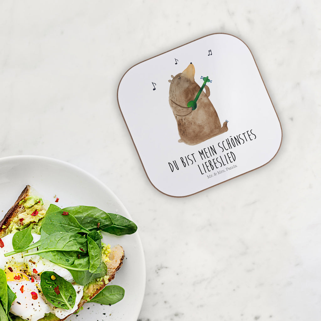 Quadratische Untersetzer Bär Lied Bierdeckel, Glasuntersetzer, Untersetzer Gläser, Getränkeuntersetzer, Bär, Teddy, Teddybär, Bärchen, Bear, Liebeslied, Lied, Song, Valentinstag, Valentine, Geschenk, Partner, Liebe, Freundin, Frau, Herz, Spruch