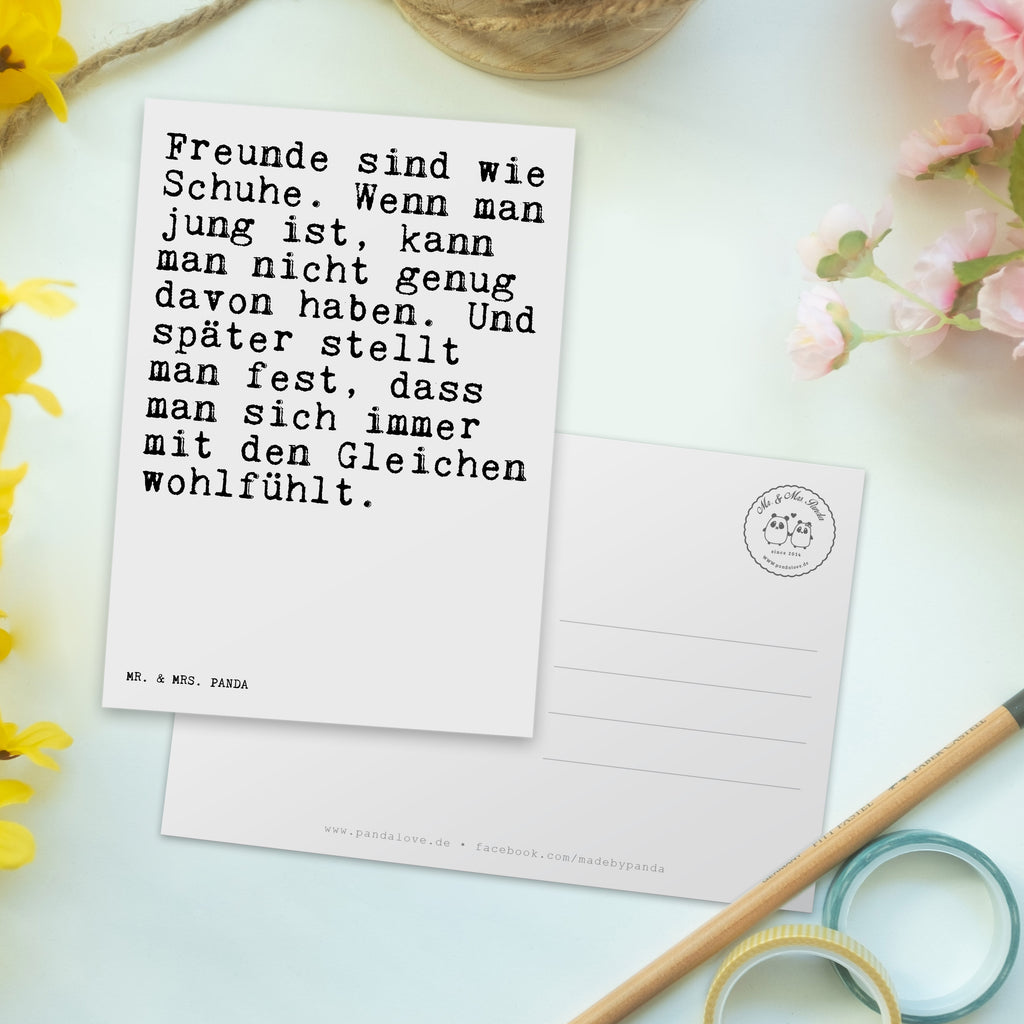 Postkarte Sprüche und Zitate Freunde sind wie Schuhe. Wenn man jung ist, kann man nicht genug davon haben. Und später stellt man fest, dass man sich immer mit den Gleichen wohlfühlt. Geschenkkarte, Grußkarte, Karte, Einladung, Ansichtskarte, Geburtstagskarte, Einladungskarte, Dankeskarte, Spruch, Sprüche, lustig, Weisheiten, Zitate, Spruch Sprüche Weisheiten Zitate Lustig Weisheit Worte