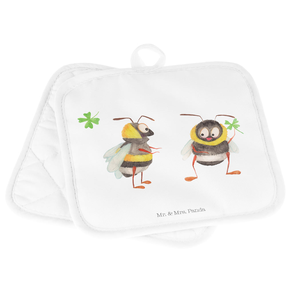 2er Set Topflappen  Hummeln mit Kleeblatt Topflappen, Topfuntersetzer, Ofenhandschuh, Topflappen Set, Topflappen lustig, Topflappen mit Spruch, Tiermotive, Gute Laune, lustige Sprüche, Tiere, Hummel, Biene, Spruch positiv, Biene Deko, Spruch schön, glücklich sein, glücklich werden, Spruch fröhlich