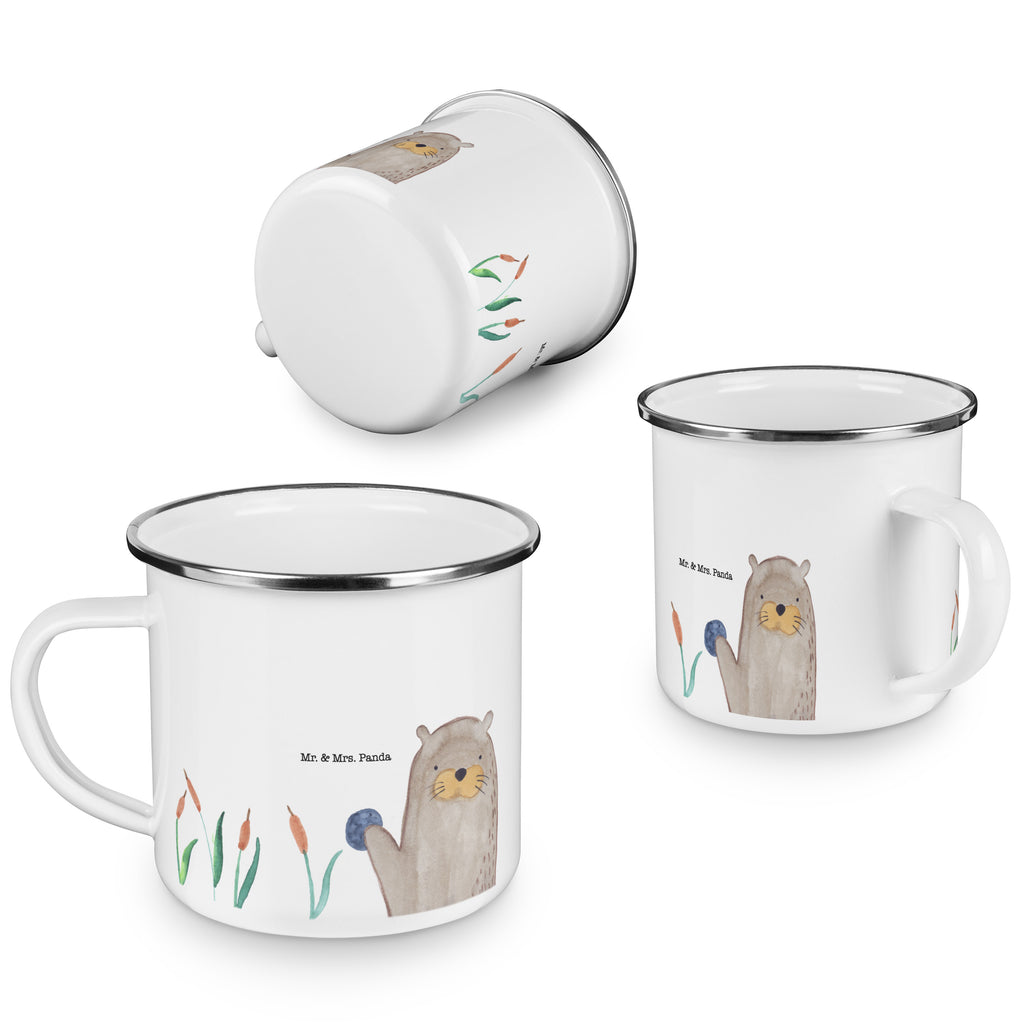 Camping Emaille Tasse Otter mit Stein Campingtasse, Trinkbecher, Metalltasse, Outdoor Tasse, Emaille Trinkbecher, Blechtasse Outdoor, Emaille Campingbecher, Edelstahl Trinkbecher, Metalltasse für Camping, Kaffee Blechtasse, Camping Tasse Metall, Otter, Fischotter, Seeotter, Otter Seeotter See Otter