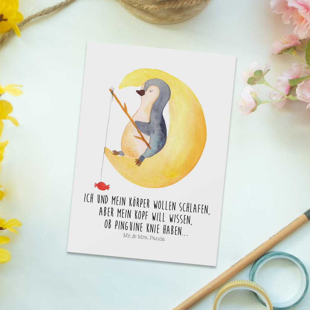 Postkarte Pinguin Mond Geschenkkarte, Grußkarte, Karte, Einladung, Ansichtskarte, Geburtstagskarte, Einladungskarte, Dankeskarte, Pinguin, Pinguine, Spruch, schlafen, Nachtruhe, Einschlafen, Schlafzimmer, Schlafstörungen, Gästezimmer