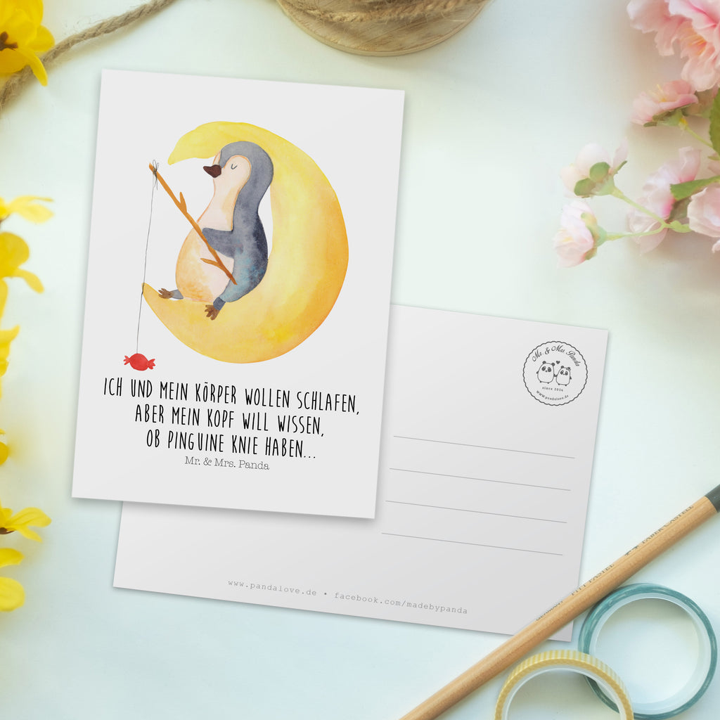 Postkarte Pinguin Mond Geschenkkarte, Grußkarte, Karte, Einladung, Ansichtskarte, Geburtstagskarte, Einladungskarte, Dankeskarte, Pinguin, Pinguine, Spruch, schlafen, Nachtruhe, Einschlafen, Schlafzimmer, Schlafstörungen, Gästezimmer