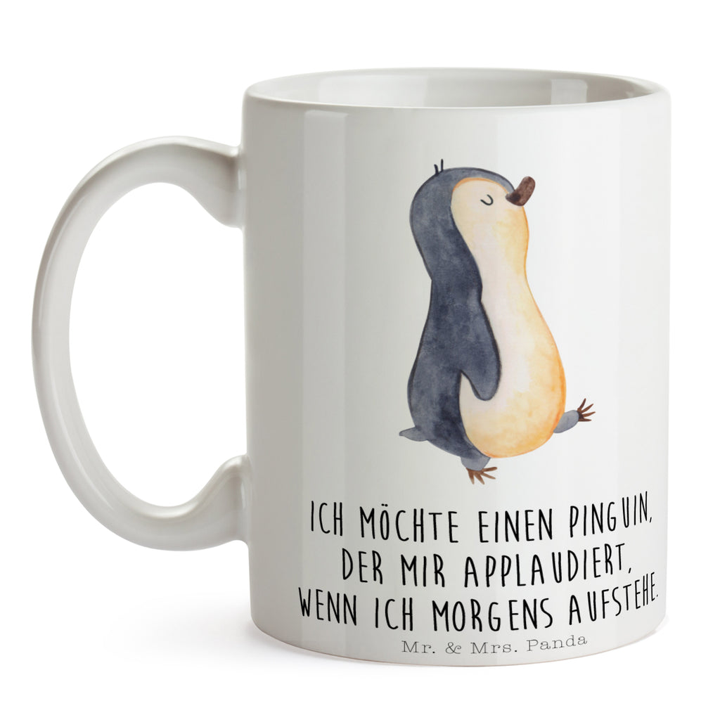 Tasse Pinguin marschierend Pinguin, Pinguine, Frühaufsteher, Langschläfer, Bruder, Schwester, Familie	 Becher, Kaffeetasse, Kaffeebecher, Tee, Frühstück, Büro  Pinguin