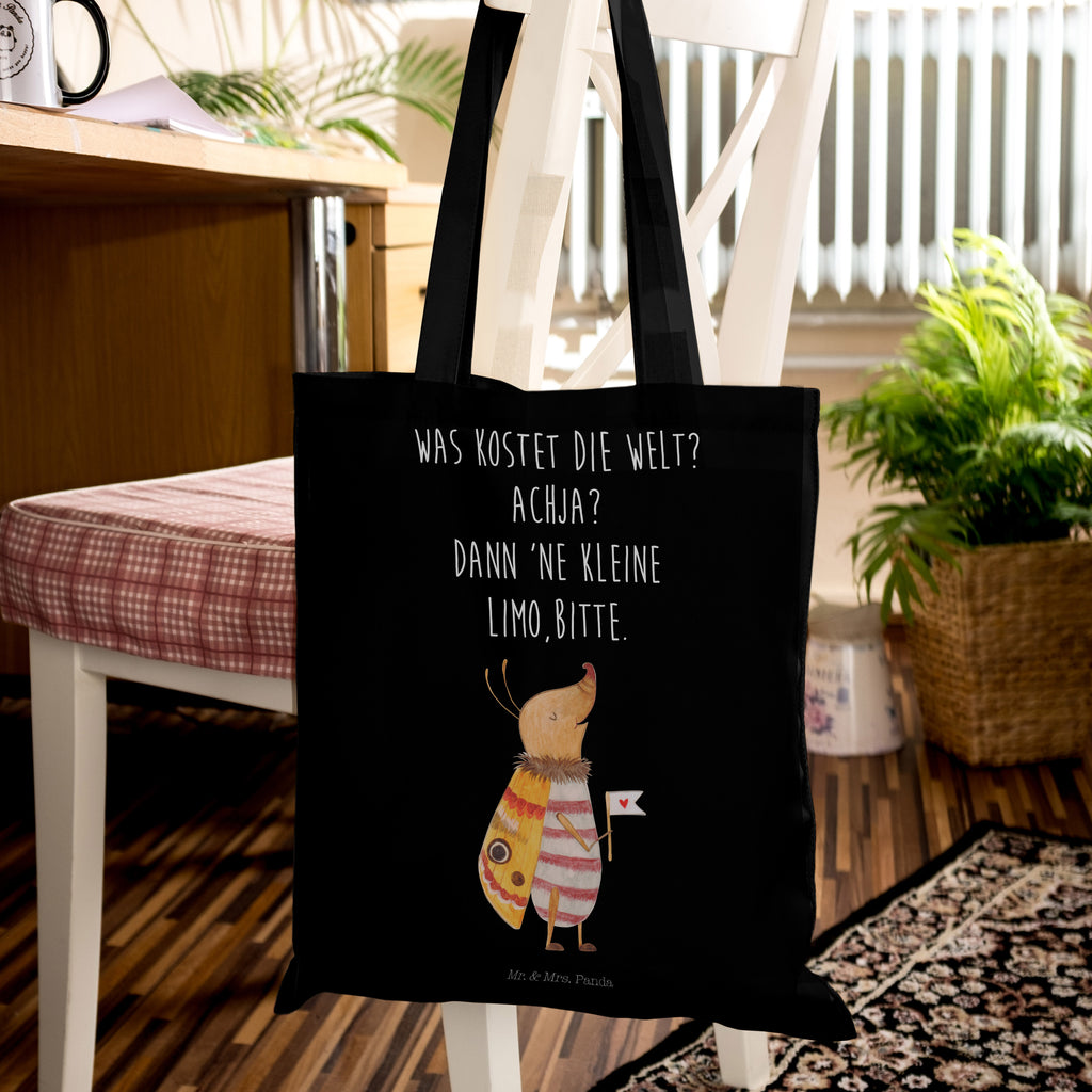 Tragetasche Nachtfalter mit Fähnchen Beuteltasche, Beutel, Einkaufstasche, Jutebeutel, Stoffbeutel, Tiermotive, Gute Laune, lustige Sprüche, Tiere, Nachtfalter, Käfer, Spruch lustig, Spruch witzig, süß, niedlich, Küche Deko, Was kostet die Welt