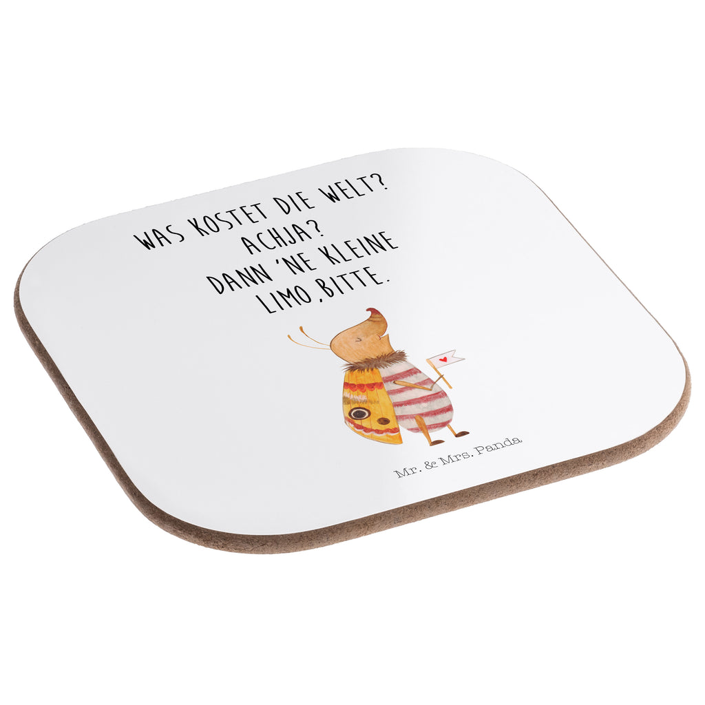 Quadratische Untersetzer Nachtfalter mit Fähnchen Bierdeckel, Glasuntersetzer, Untersetzer Gläser, Getränkeuntersetzer, Tiermotive, Gute Laune, lustige Sprüche, Tiere, Nachtfalter, Käfer, Spruch lustig, Spruch witzig, süß, niedlich, Küche Deko, Was kostet die Welt
