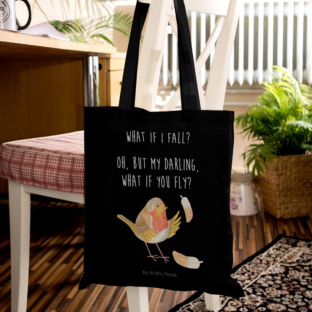 Tragetasche Rotkehlchen mit Federn Beuteltasche, Beutel, Einkaufstasche, Jutebeutel, Stoffbeutel, Tiermotive, Gute Laune, lustige Sprüche, Tiere, What if i fall, Rotkehlchen, Spruch Motivation, Spruch Mut, Vogel, Motivation Sprüche, Motivationsbilder, fliegen