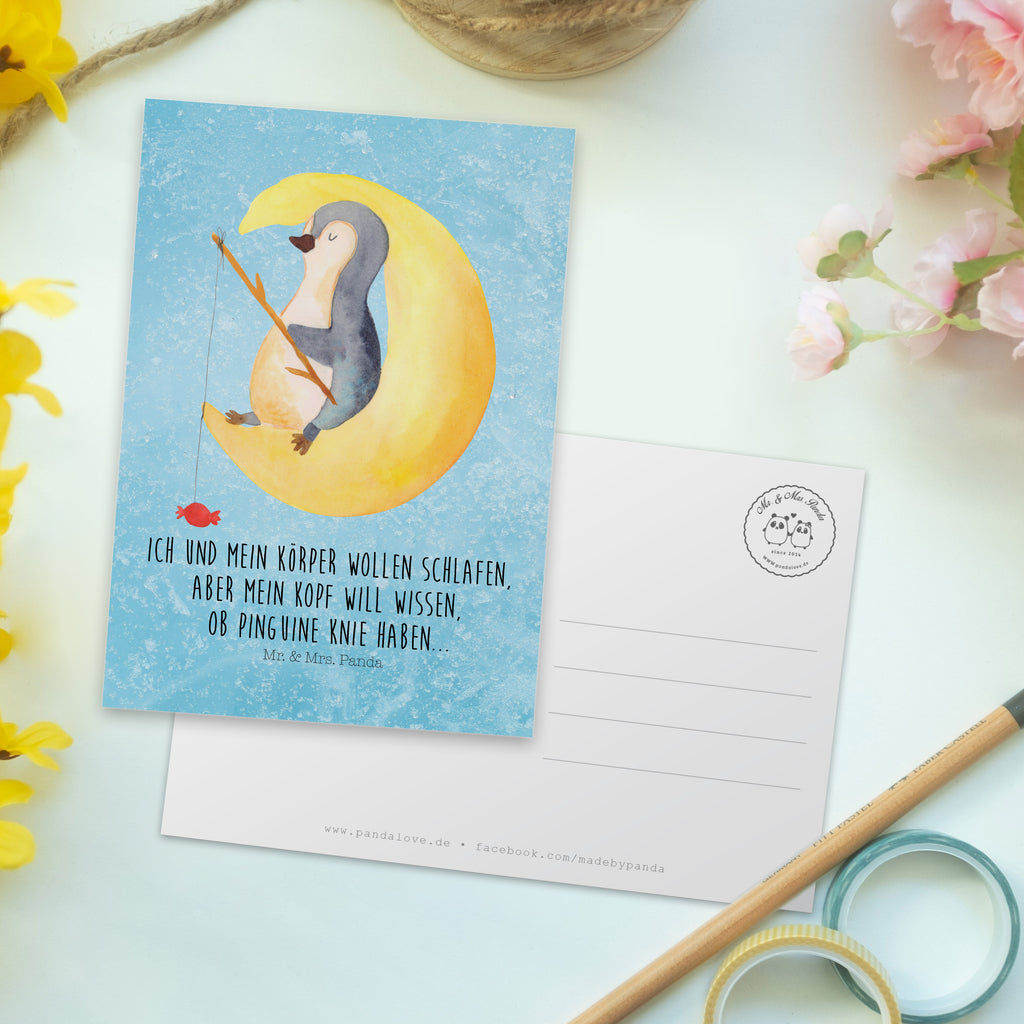 Postkarte Pinguin Mond Geschenkkarte, Grußkarte, Karte, Einladung, Ansichtskarte, Geburtstagskarte, Einladungskarte, Dankeskarte, Pinguin, Pinguine, Spruch, schlafen, Nachtruhe, Einschlafen, Schlafzimmer, Schlafstörungen, Gästezimmer