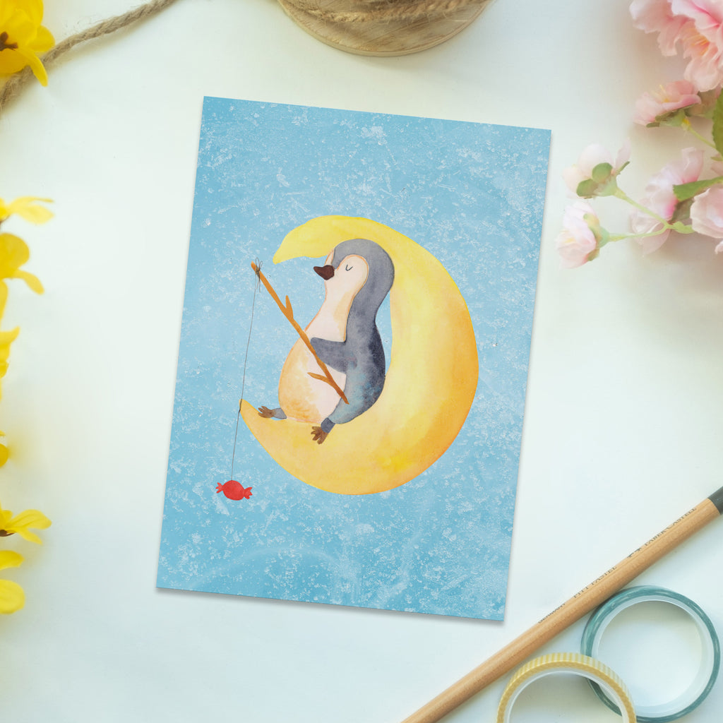 Postkarte Pinguin Mond Geschenkkarte, Grußkarte, Karte, Einladung, Ansichtskarte, Geburtstagskarte, Einladungskarte, Dankeskarte, Pinguin, Pinguine, Spruch, schlafen, Nachtruhe, Einschlafen, Schlafzimmer, Schlafstörungen, Gästezimmer