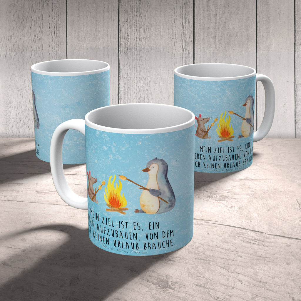 Tasse Pinguin Lagerfeuer Pinguin, Maus, Pinguine, Lagerfeuer, Leben, Arbeit, Job, Motivation, Büro, Büroalltag, Lebensspruch, Lebensmotivation, Neustart, Liebe, grillen, Feuer, Marshmallows Becher, Kaffeetasse, Kaffeebecher, Tee, Frühstück, Büro  Pinguin