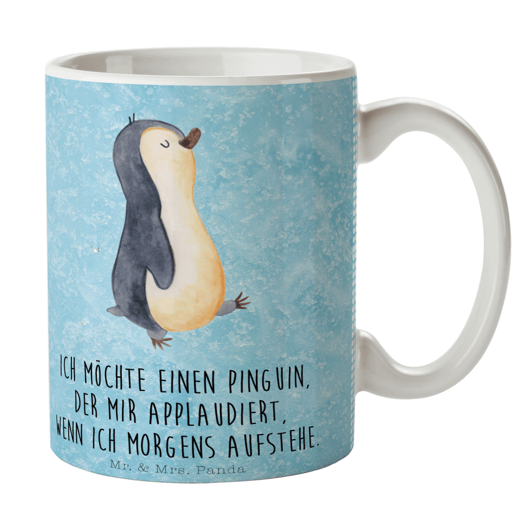 Tasse Pinguin marschierend Pinguin, Pinguine, Frühaufsteher, Langschläfer, Bruder, Schwester, Familie	 Becher, Kaffeetasse, Kaffeebecher, Tee, Frühstück, Büro  Pinguin