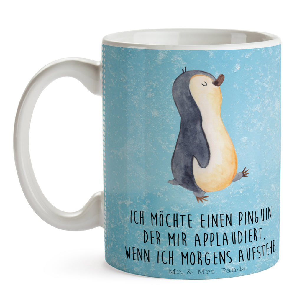 Tasse Pinguin marschierend Pinguin, Pinguine, Frühaufsteher, Langschläfer, Bruder, Schwester, Familie	 Becher, Kaffeetasse, Kaffeebecher, Tee, Frühstück, Büro  Pinguin