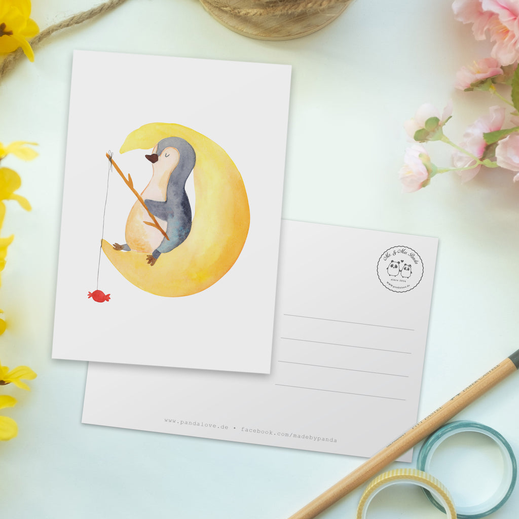 Postkarte Pinguin Mond Geschenkkarte, Grußkarte, Karte, Einladung, Ansichtskarte, Geburtstagskarte, Einladungskarte, Dankeskarte, Pinguin, Pinguine, Spruch, schlafen, Nachtruhe, Einschlafen, Schlafzimmer, Schlafstörungen, Gästezimmer