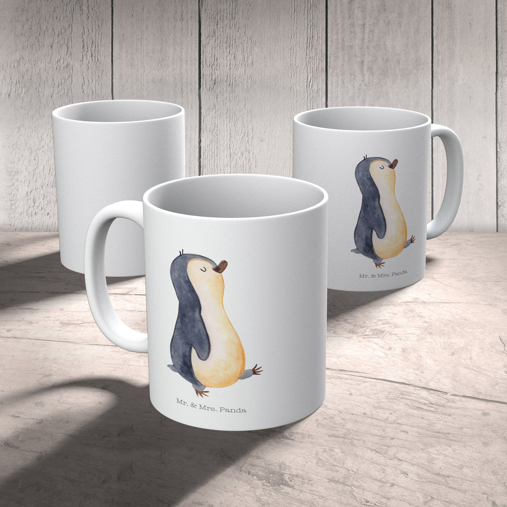 Tasse Pinguin marschierend Pinguin, Pinguine, Frühaufsteher, Langschläfer, Bruder, Schwester, Familie	 Becher, Kaffeetasse, Kaffeebecher, Tee, Frühstück, Büro  Pinguin