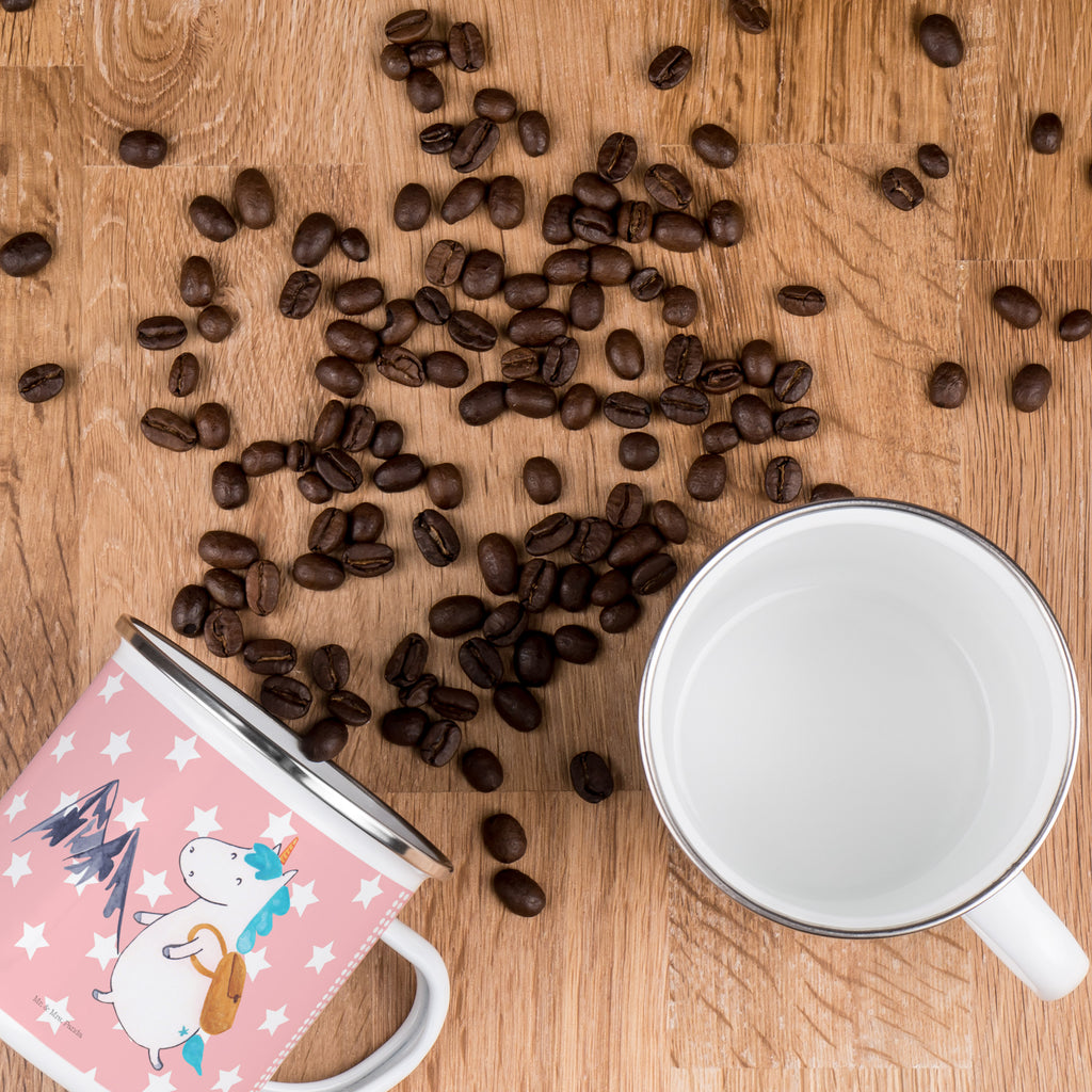 Camping Emaille Tasse Einhorn Bergsteiger Campingtasse, Trinkbecher, Metalltasse, Outdoor Tasse, Emaille Trinkbecher, Blechtasse Outdoor, Emaille Campingbecher, Edelstahl Trinkbecher, Metalltasse für Camping, Kaffee Blechtasse, Camping Tasse Metall, Einhorn, Einhörner, Einhorn Deko, Pegasus, Unicorn, Bergsteiger, Abenteuer, Berge, Abenteurer, Weltenbummler, Weltreise, Reisen, Urlaub, Entdecker