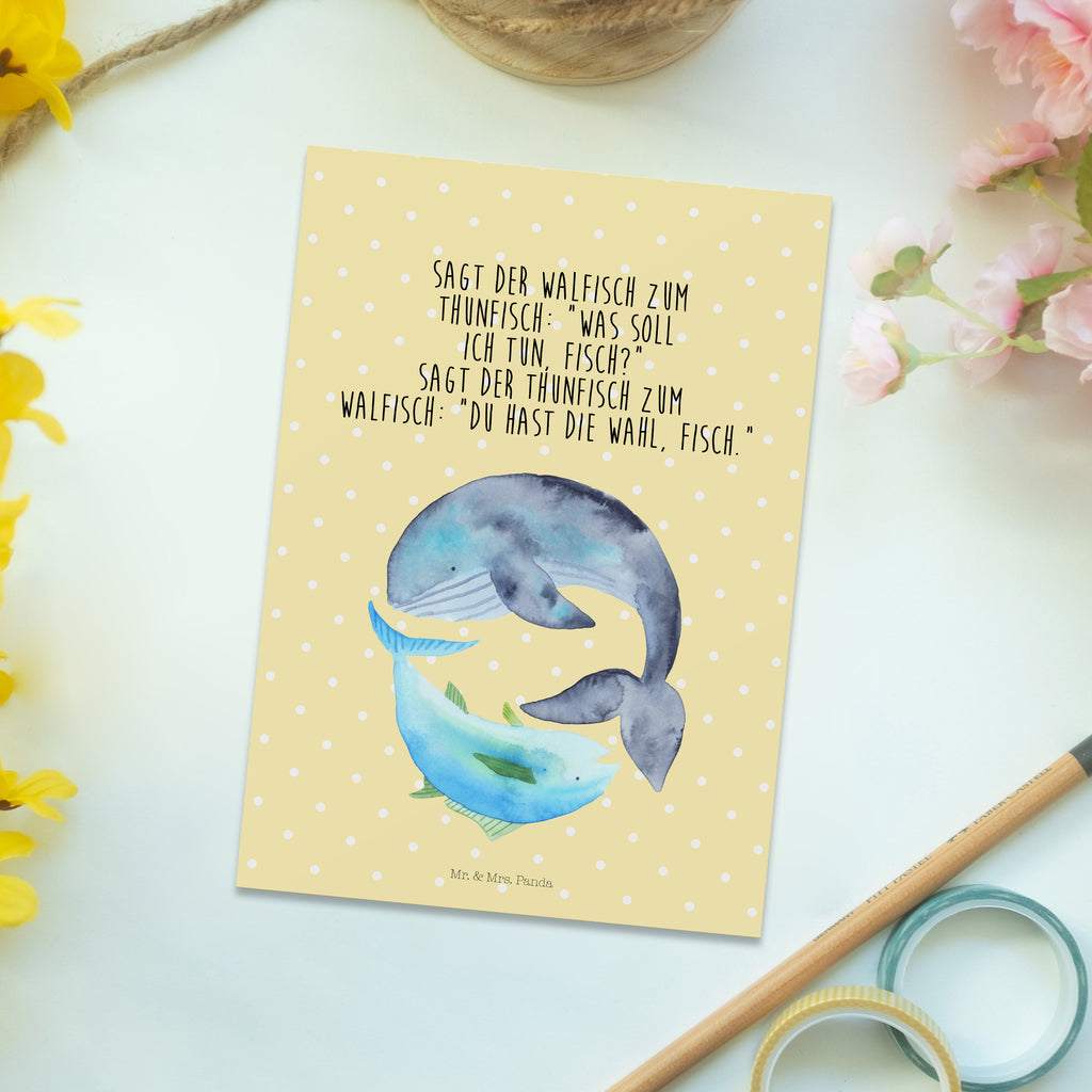 Postkarte Walfisch & Thunfisch Geschenkkarte, Grußkarte, Karte, Einladung, Ansichtskarte, Geburtstagskarte, Einladungskarte, Dankeskarte, Tiermotive, Gute Laune, lustige Sprüche, Tiere, Wal, Wahl, Tunfisch, Wortwitz lustig, Spruch lustig, Flachwitz, Witz, Spruch des Tages, Flachwitz Geschenk