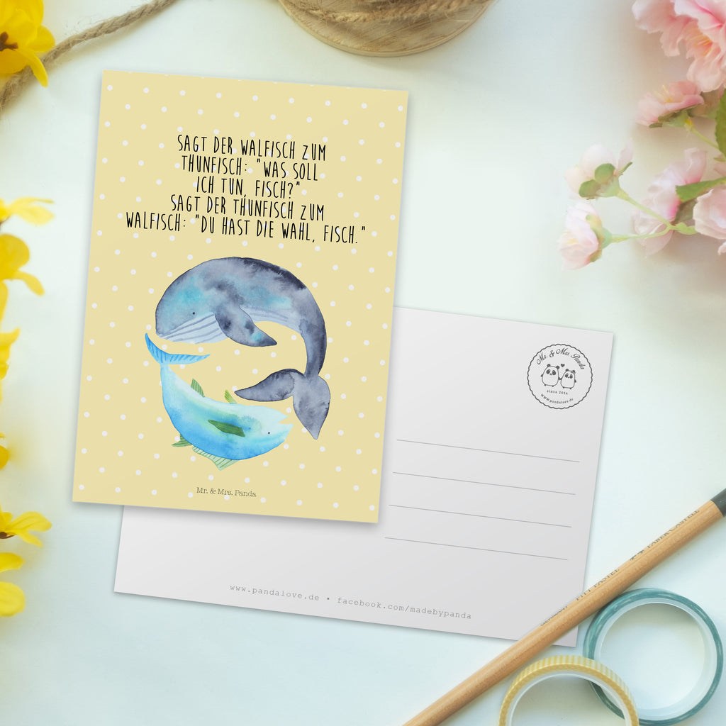 Postkarte Walfisch & Thunfisch Geschenkkarte, Grußkarte, Karte, Einladung, Ansichtskarte, Geburtstagskarte, Einladungskarte, Dankeskarte, Tiermotive, Gute Laune, lustige Sprüche, Tiere, Wal, Wahl, Tunfisch, Wortwitz lustig, Spruch lustig, Flachwitz, Witz, Spruch des Tages, Flachwitz Geschenk