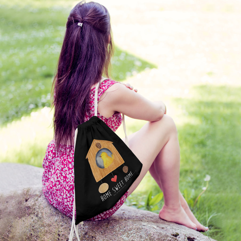 Sportbeutel Vogelhaus sweet Home Turnbeutel, Beutel, Sporttasche, Tasche, Stoffbeutel, Tiermotive, Gute Laune, lustige Sprüche, Tiere, Vogelhaus, Vogel, Home sweet Home, Einzug, Umzug, Geschenk, Einzugsgeschenk, Hausbau, Haus