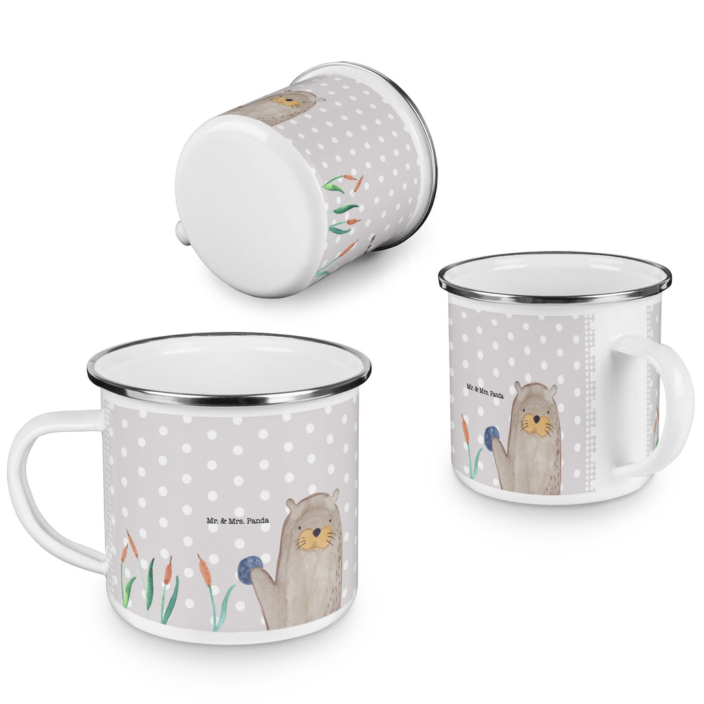 Camping Emaille Tasse Otter mit Stein Campingtasse, Trinkbecher, Metalltasse, Outdoor Tasse, Emaille Trinkbecher, Blechtasse Outdoor, Emaille Campingbecher, Edelstahl Trinkbecher, Metalltasse für Camping, Kaffee Blechtasse, Camping Tasse Metall, Otter, Fischotter, Seeotter, Otter Seeotter See Otter