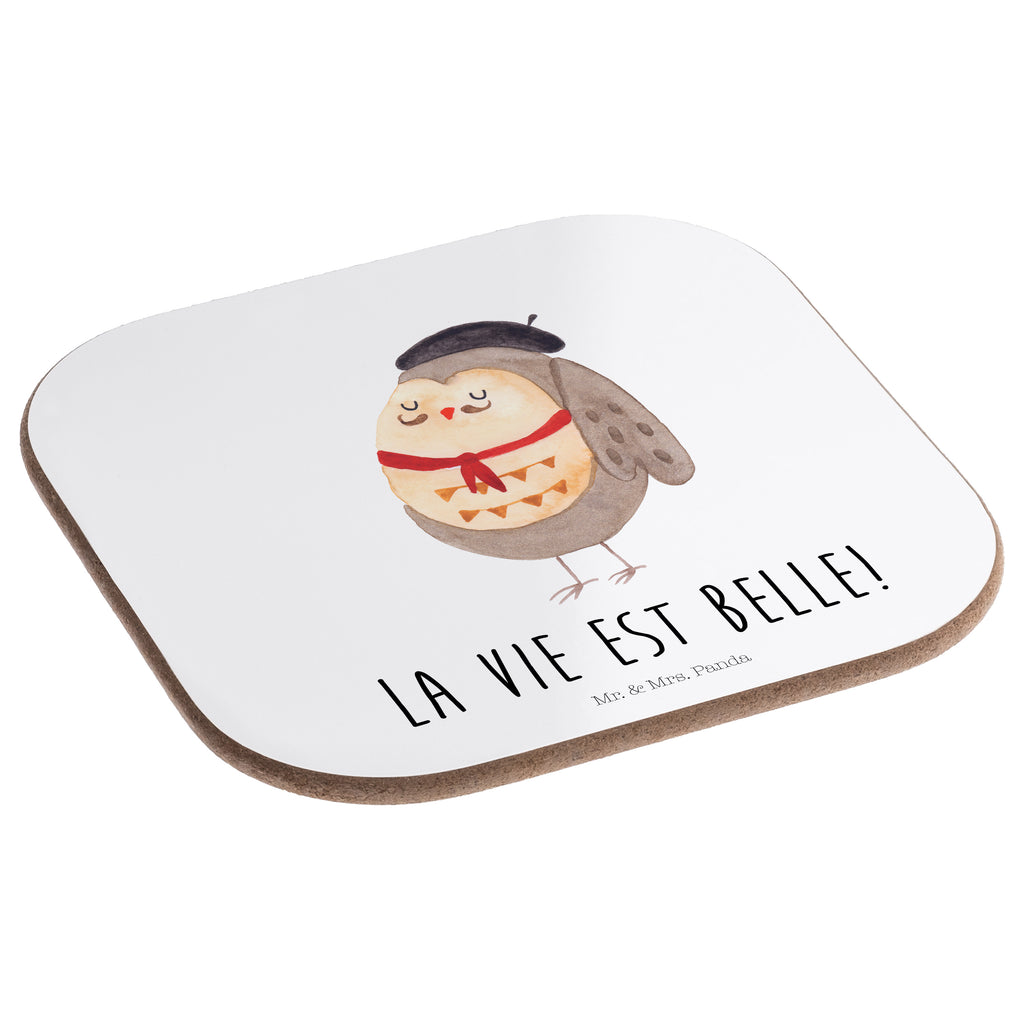 Quadratische Untersetzer Eule Französisch Bierdeckel, Glasuntersetzer, Untersetzer Gläser, Getränkeuntersetzer, Eule, Eulen, Eule Deko, Owl, hibou, La vie est belle, das Leben ist schön, Spruch schön, Spruch Französisch, Frankreich