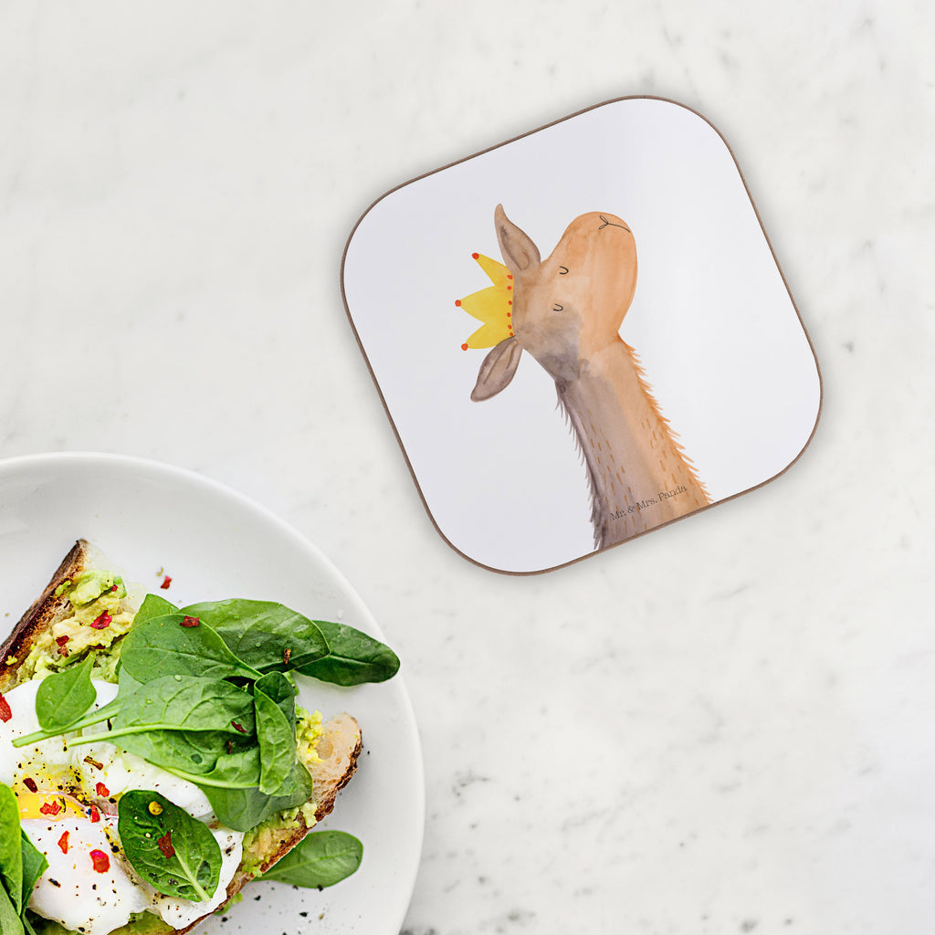 Quadratische Untersetzer Lamakopf König Bierdeckel, Glasuntersetzer, Untersetzer Gläser, Getränkeuntersetzer, Lama, Alpaka, Lamas, König, Königin, Freundin, Mama, Papa, Büro Kollege, Kollegin, Chef, Vorgesetzter, Abi, Abitur
