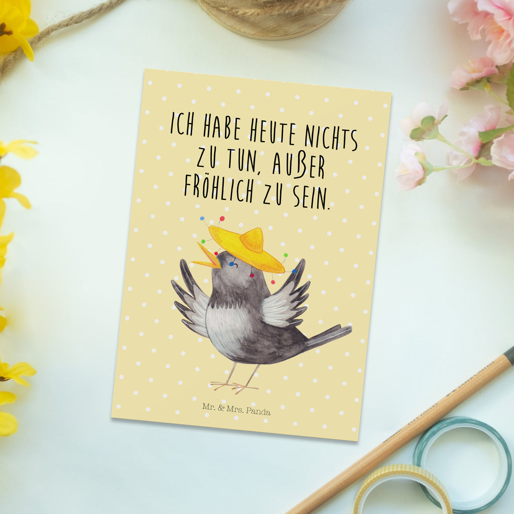 Postkarte Rabe mit Sombrero Geschenkkarte, Grußkarte, Karte, Einladung, Ansichtskarte, Geburtstagskarte, Einladungskarte, Dankeskarte, Tiermotive, Gute Laune, lustige Sprüche, Tiere, Rabe, Vogel, Vögel, Spruch positiv, fröhlich sein, glücklich sein, Glück Spruch, froh, Elster, Motivation