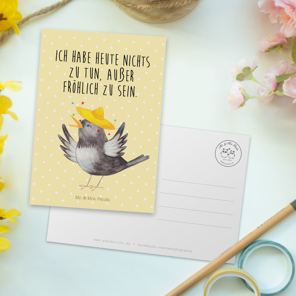 Postkarte Rabe mit Sombrero Geschenkkarte, Grußkarte, Karte, Einladung, Ansichtskarte, Geburtstagskarte, Einladungskarte, Dankeskarte, Tiermotive, Gute Laune, lustige Sprüche, Tiere, Rabe, Vogel, Vögel, Spruch positiv, fröhlich sein, glücklich sein, Glück Spruch, froh, Elster, Motivation